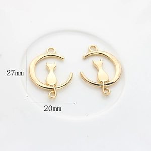 Golden cat sitting on crescent moon alloy pendants for DIY jewelry making 27x20mm