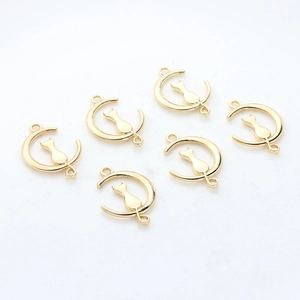 Set of six golden alloy moon and cat jewelry charms with double loops for DIY crafting