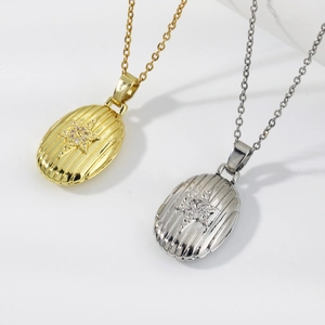 Vintage Kupfer Stern Medaillon Halskette Für Damen Oval Gerippt Strass Anhänger Medaillon Schmuck Gold Silber Halsketten Geschenk
