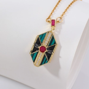 Vintage Art Deco Geometric Hexagon Pendant Necklace For Women Copper Enamel Multicolor Rhinestone Clavicle Chain Jewelry