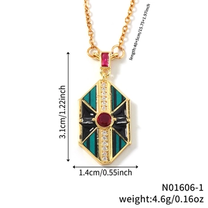Retro geometric pendant necklace with green enamel stripes and red stone on gold chain