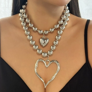 Lava irregular heart pendant double layer beaded necklace for women in silver finish