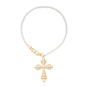 Hip hop pearl necklace featuring a detailed gold hollow cross pendant and lobster clasp