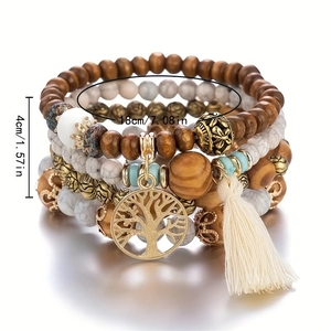 Bracelet bohème multicouche en perles de bois avec breloque Arbre de Vie et pompon crème