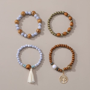 Ensemble de bracelets bohèmes en perles de bois avec pompon et Arbre de Vie