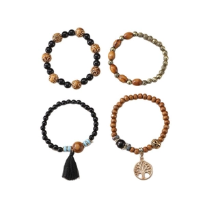 Ensemble de bracelets de perles en bois bohème avec pompons noirs et pendentif Arbre de Vie