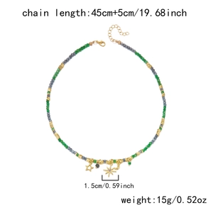 Detailed view of beaded butterfly necklace with size metrics and star moon pendants