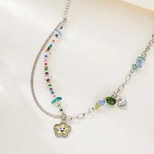 Blue rhinestone butterfly layered necklace with mixed beads and Love You heart pendant