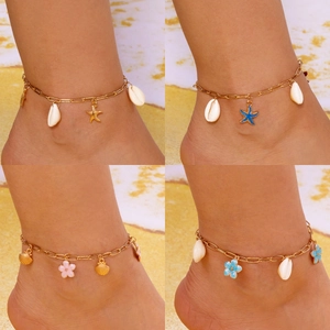 Bohemian Beach Shell Anklet Gold Starfish Conch Drip Oil Flower Adjustable Foot Chain For Women Summer Vacation Jewelry
