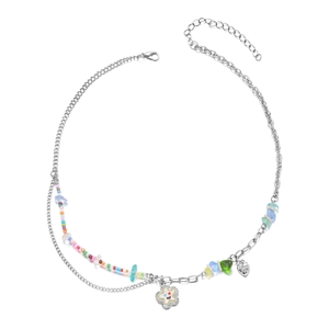 Detailed close-up of double-layer necklace featuring a Love You heart and colorful flower charms