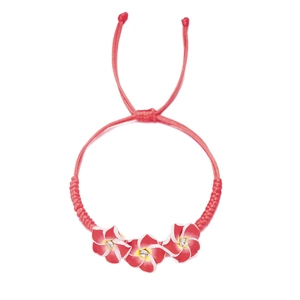 Handgefertigtes rotes Webarmband mit bunten Frangipani-Blüten und funkelnden Kristallen