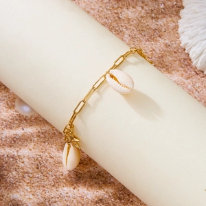 Bohemian gold chain anklet with natural white cowrie shells and starfish pendant charm