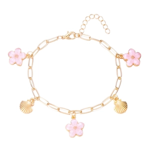 Bohemian gold ankle bracelet with pink cherry blossoms and delicate shell pendants