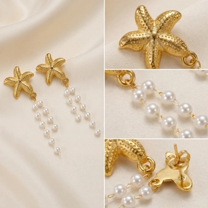 Detalle de pendientes de estrella de mar dorados con borlas de perlas en seda