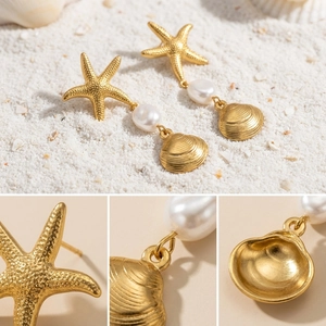 Detalle macro de pendientes de estrella de mar dorada con perla y colgante de concha