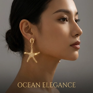 Primer plano detallado de pendientes de estrella de mar dorada con borlas estilo boho