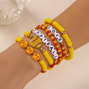 Multilayer yellow softball charm bracelet set with polymer clay beads and LOVE letters