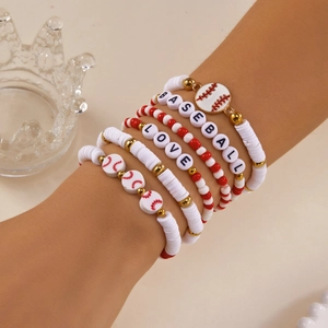 5-piece baseball theme polymer clay beaded bracelet set with LOVE and BASEBALL letters