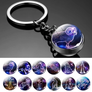 Luminous Twelve Constellations Glass Ball Keychain Vintage Alloy Night Glow Zodiac Sign Pendant Double Sided Key Ring Gift