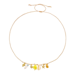 Detail of woven rope necklace with shells, golden starfish charms and ceramic beads