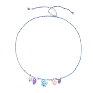 Detail of woven blue cord necklace featuring starfish, seashell and colorful bead pendants