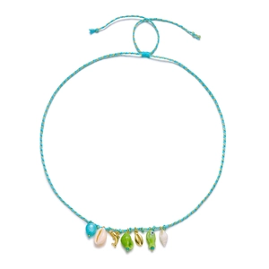 Detail of woven ocean necklace with dolphin shell charms and adjustable blue cord