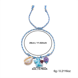 Detail of blue braided bracelet with shell and starfish pendants and size measurements