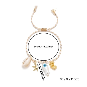 Detail showing woven shell and starfish charm bracelet with measurements in inches