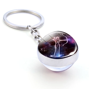 Luminous Sagittarius constellation double-sided glass ball keychain with silver alloy base
