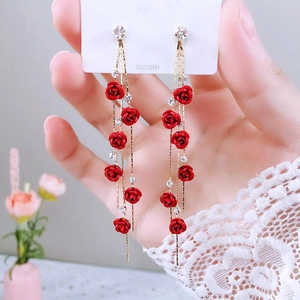 Alloy Rose Flower Tassel Drop Earrings With 925 Sterling Silver Earring Post Resin Rhinestone Long Asymmetric Jewelry For Women