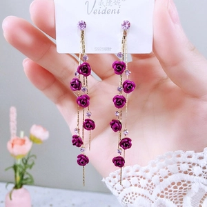 Elegant long purple rose drop earrings with tassel and rhinestones on card