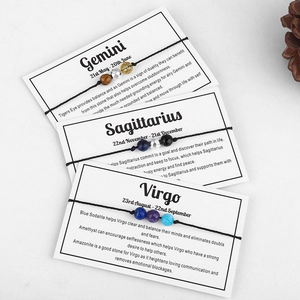 Detailed view of handmade zodiac bracelets with natural stones on information cards