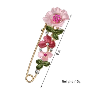 Eleganter Gold-Blumen-Brosche mit rosa Emaille-Blüten und Kristallen, 8cm Anstecknadel