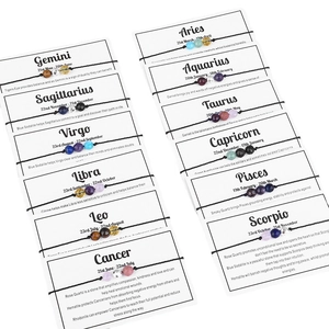 Set of 12 zodiac natural stone beaded bracelets with woven rope on display cards