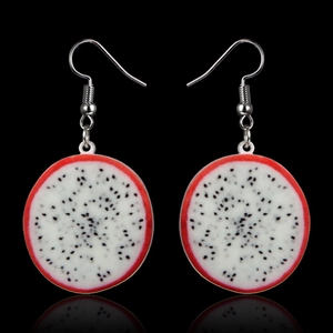 Detail of creative dragon fruit slice drop earrings with acrylic seeds and metal hooks