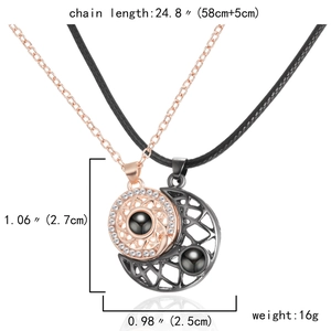 Detail showing sun and moon couple necklaces with product dimensions and projection beads
