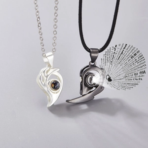 Magnetic heart couple necklace with sun moon projection stones in silver and black