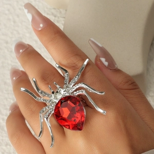 Anello Aperto Regolabile a Forma di Ragno Gotico di Halloween con Grande Strass a Goccia d'Acqua Intarsiato Gioielli Animali da Donna