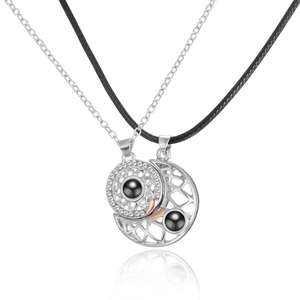 Magnetic sun and moon couple necklace set with 100 languages I love you projection stone