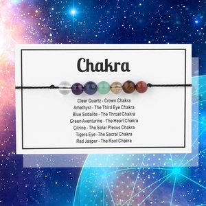 Detail der 7 Chakra-Steine auf gewebtem Armband mit beschreibender Energiekarte