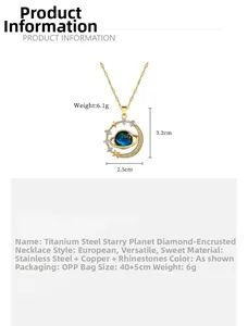 Detail view of gold titanium planet necklace showing pendant size 2.5cm by 3.2cm