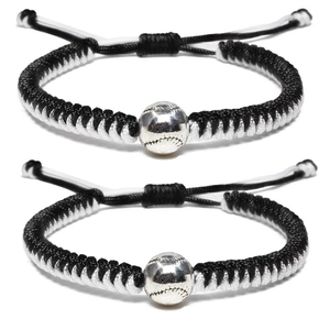 Braccialetti da baseball intrecciati a mano con perle argentate per coppie, set di 2