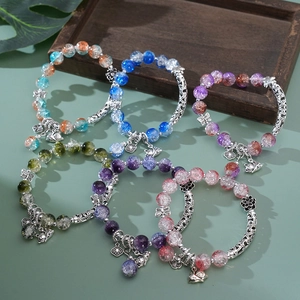 Elegant lily of the valley crystal beaded bracelet set with cat and cloud pendants