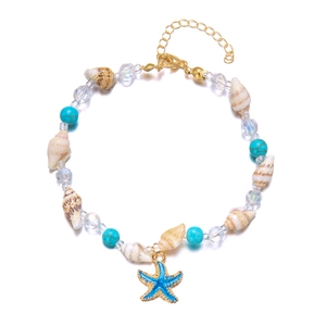 Seashell and turquoise bead anklet with blue starfish charm and adjustable gold chain