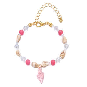 Detail of seashell bracelet with pink beads and gold lobster clasp on white background