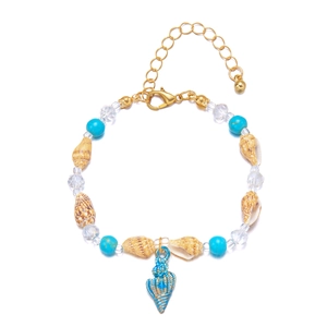 Detailed view of beach shell bracelet with turquoise beads and blue conch pendant