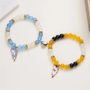 Simpatici Braccialetti Abbinati a Cuore Magnetico con Gatto per Coppie Amici Set di Braccialetti con Ciondolo in Lega di Vetro Fatti a Mano