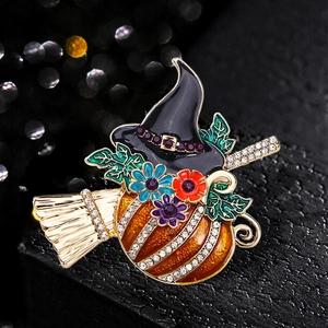 Broche Halloween Citrouille Chapeau de Sorcière Balai Alliage Strass Émail Excentrique Personnalisée Bijoux de Fête Femme