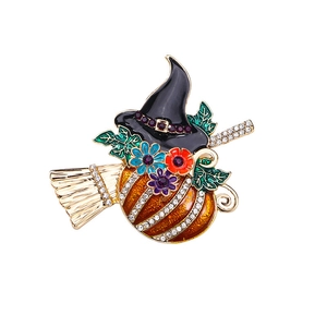 Broche chapeau de sorcière Halloween avec citrouille, balai et cristaux brillants