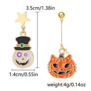Detailed view of asymmetric Halloween earrings with ghost and pumpkin charms and measurements